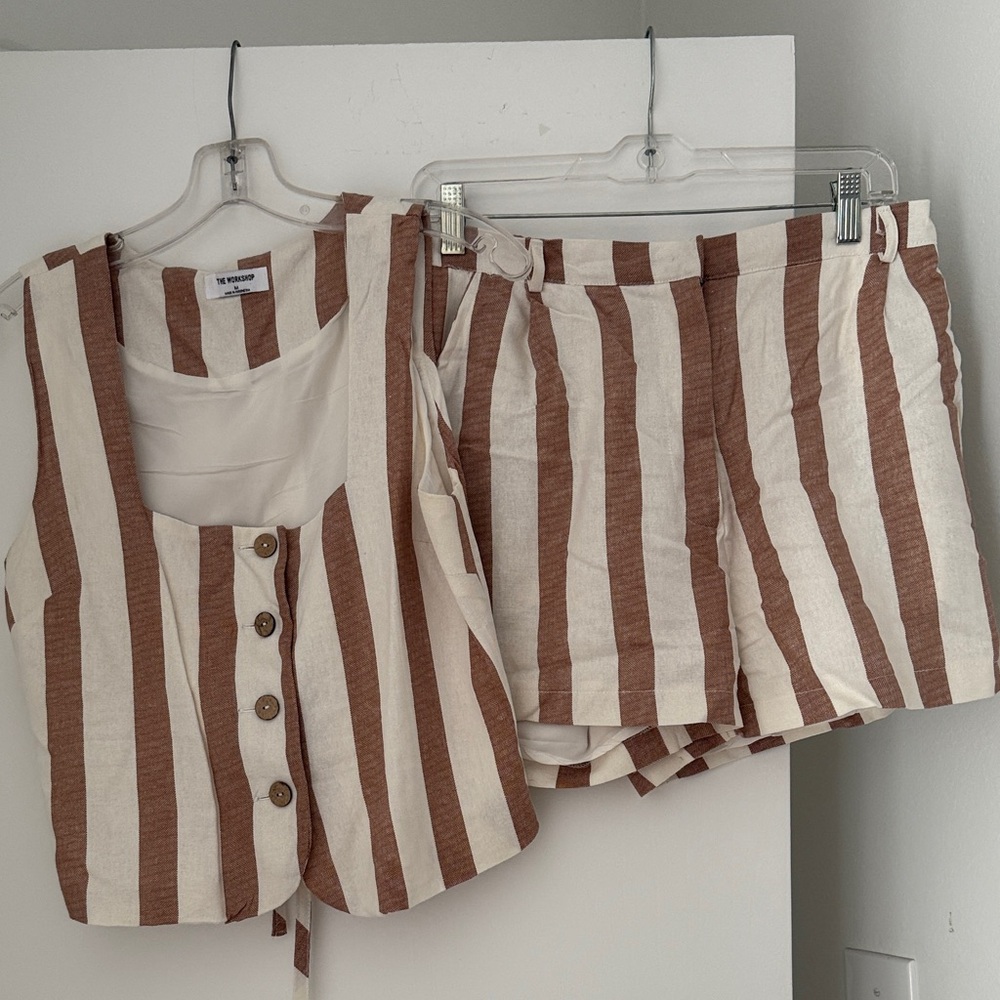 Cream and Brown Striped Button Vest and short set
